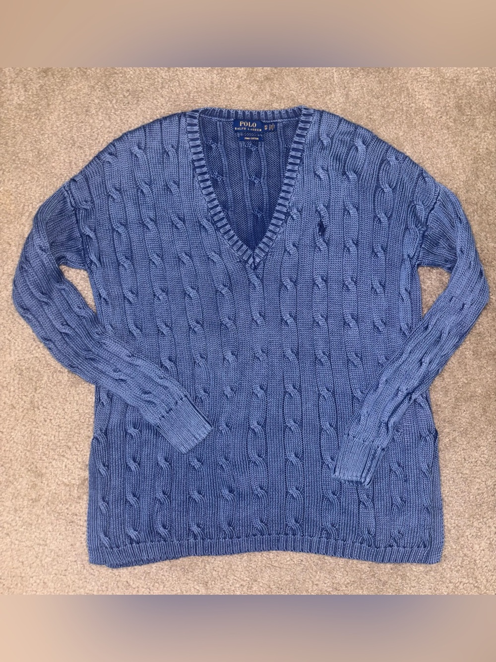 Ralph Lauren Women’s Blue Cable-Knit V-Neck Sweater